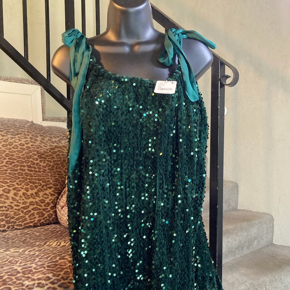 Jade Green Mini Sequin Dress with Shoulder Ties